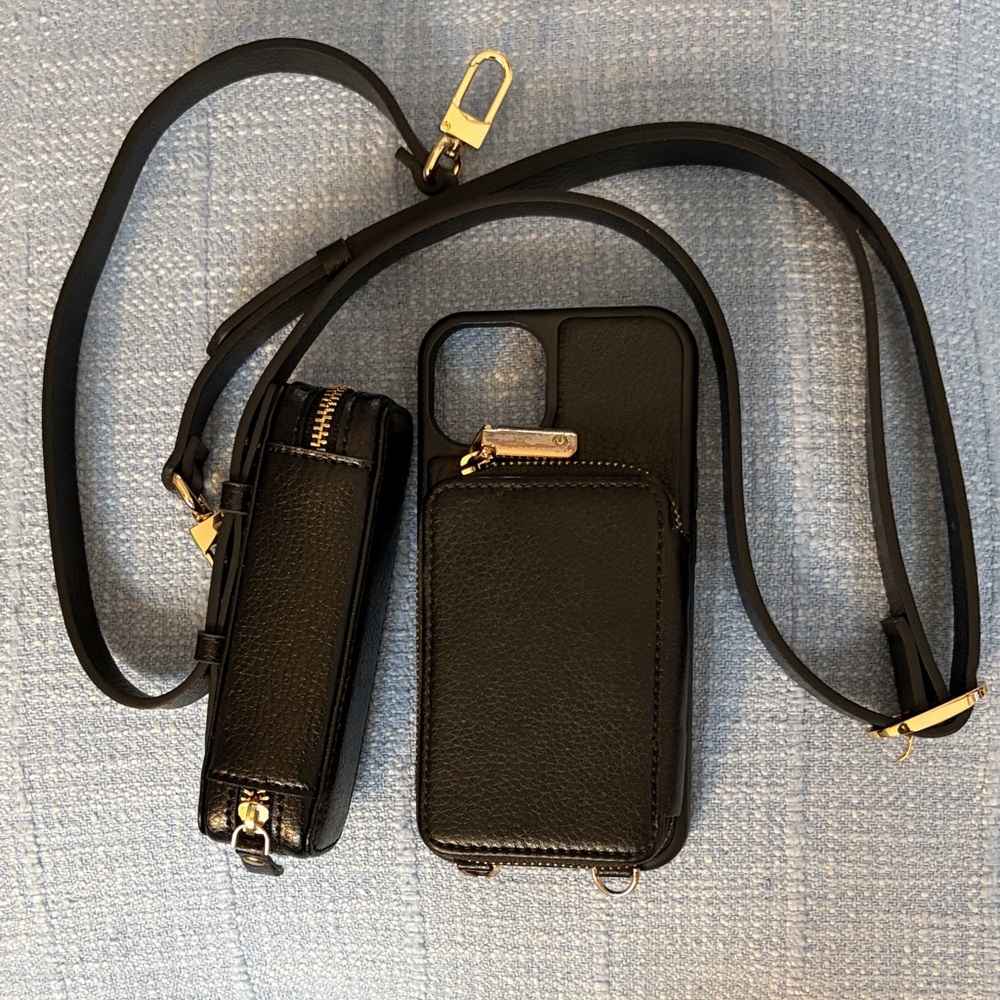 IPhone 13 Black Leather Wallet Phone Case w/ Removable Strap, Lipstick Case